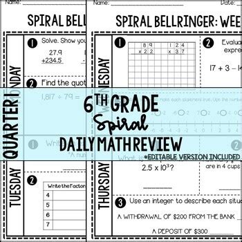 4th grade daily math spiral review • teacher thrive. 6th Grade Math Spiral Daily Review Quarter 1 by The 615 Teacher