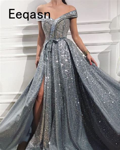 Shiny Silver Grey Prom Dresses 2018 Elegant Off The Shoulder Dubai Turkish Party Gowns Slit