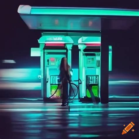 Gas Station And Convenience Store At Night Blue And Green Neon Reflections Woman Fills Her