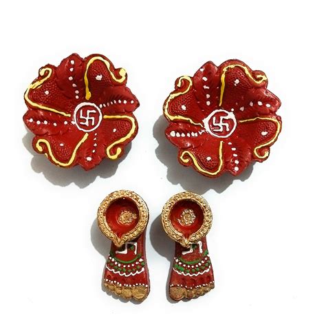 Buy Red Satvik Diwali Handmade Fancy Clay Diya And Mata Rani Charanfeet