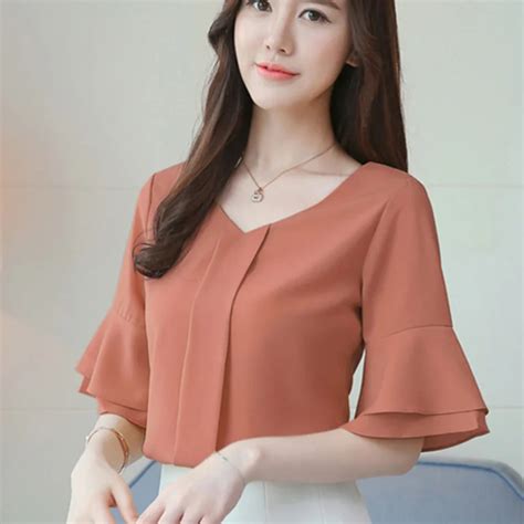 Women Tops And Blouses 2018 Summer Chiffon Blouse Short Flare Sleeve