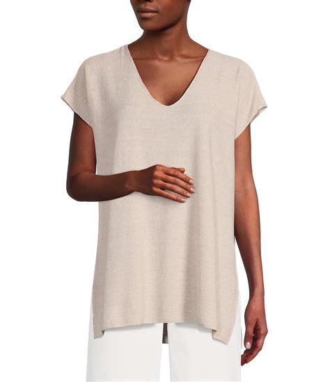 Eileen Fisher Organic Linen Cotton V Neck Short Sleeve Side Slit Tunic