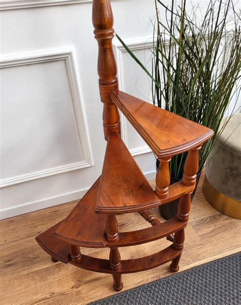 Mid Century Italian Carved Walnut Spiral 4 Step Library Ladder For Sale