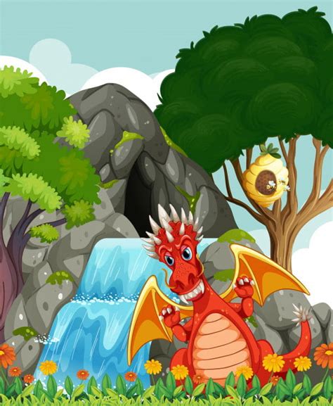 Dragon By The Waterfall And Cave Eps Vector Uidownload