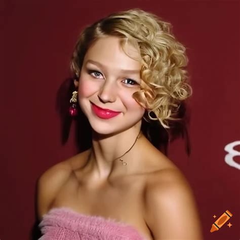 Smiling Melissa Benoist With Short Curly Blonde Haircut Pink Lipstick And Pink Maryjane Heels