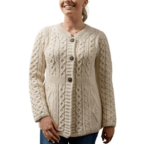 Aran 100 Irish Merino Wool Buttoned Cardigan Sweater For Womenchunky