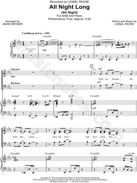 Lionel Richie All Night Long Arr Mark A Brymer Sab Choir Piano Choral Sheet Music In Eb