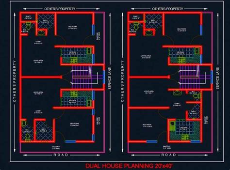 Dual House Planning Floor Layout Plan 20x40 Dwg Drawing 2bhk House