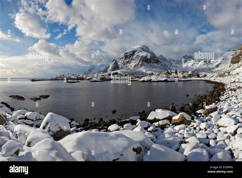 Norway Lofoten Islands Moskenesoya Reine Village In Winter Stock Photo