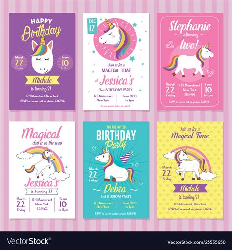 Set Unicorn Birthday Invitation Cards Royalty Free Vector