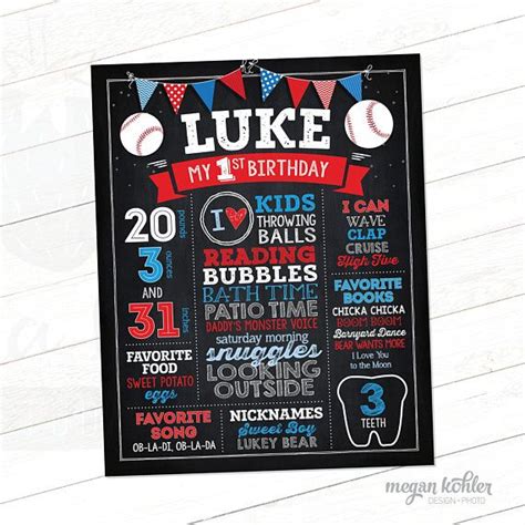 Baseball Chalkboard Poster One Year Milestone Birthday Board