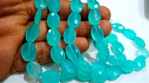 Natural Aqua Chalcedony Oval Faceted Beads Size 9x12 To 10x14 Mm Strand