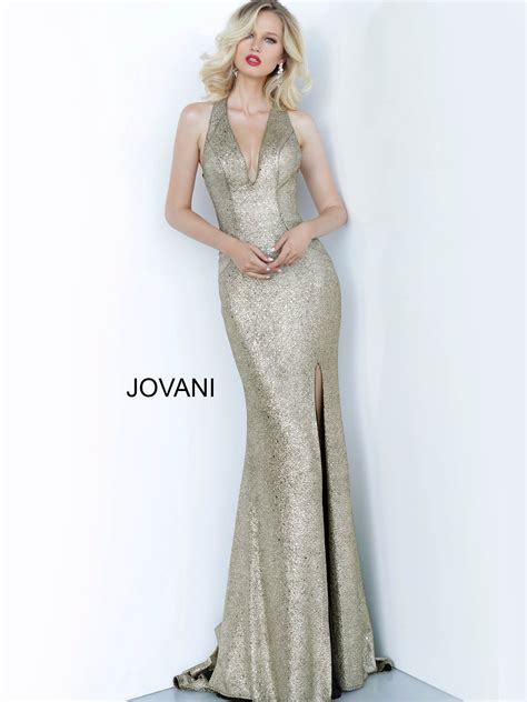 Jovani 68481 Gold Glitter Back Cutout Fitted Evening Dress