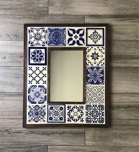 Large Handmade Wood Framed Mirror With Blue And White Mexican Etsy Ceramic Framed Wood Framed