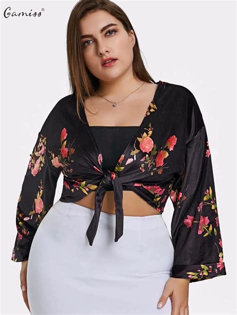 Gamiss Women Long Sleeves Crop Tops Shirts Velvet Floral Plus Size Wrap Blouses Tops Wide