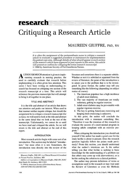 Critiquing A Research Article Abstract Summary Theory