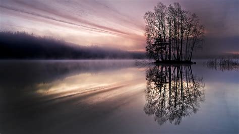 Reflection Sunrise Landscape Sky Clouds Mist Nature Trees Lake