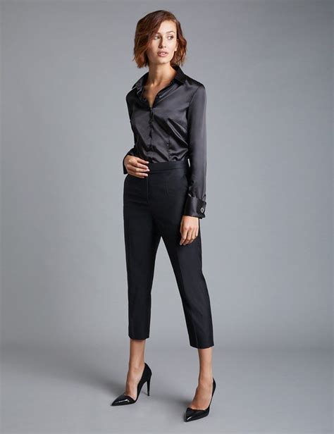 Black Fitted Satin Shirt With Black Cropped Slacks And A Heel See More At Herfashioned