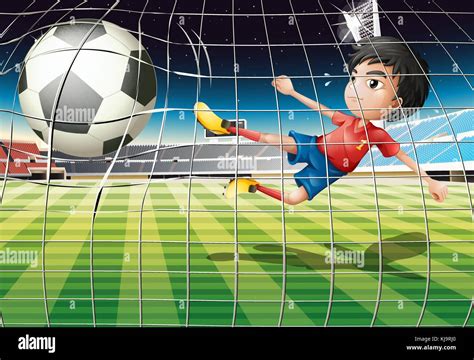 Illustration Of A Boy Kicking The Ball At The Soccer Field Stock Vector
