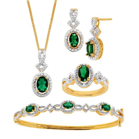 4 Ct Created Emerald 4 Piece Jewelry Set With Diamonds In 14k Gold