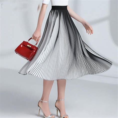 Womens Pleated Skirt Casual Chiffon Long Striped Elastic High Waist