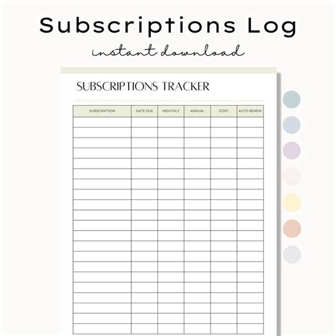 Printable Subscriptions Tracker Monthly Annual Subscriptions