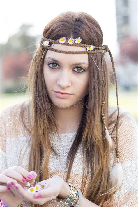 Closeup Portrait Of Beautiful Hippie Girl With Daisies Stock Image