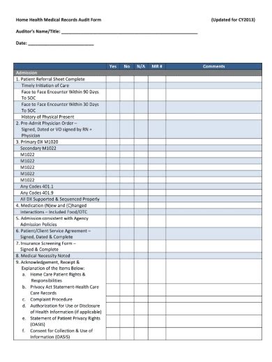 Mental Health Chart Audit Form Printable Example Word Doc Printable