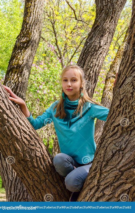Smiling Teenage Girl Climbed A Tree In The Park Stock Image Image Of