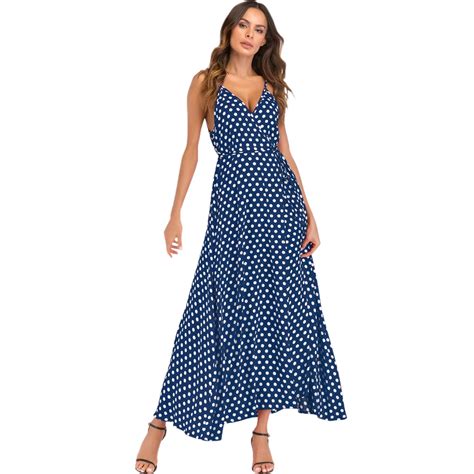 Women Polka Dot Dress 2019 Summer Sexy Slip Maxi Dress High Split Spaghetti Strap V Neck Beach