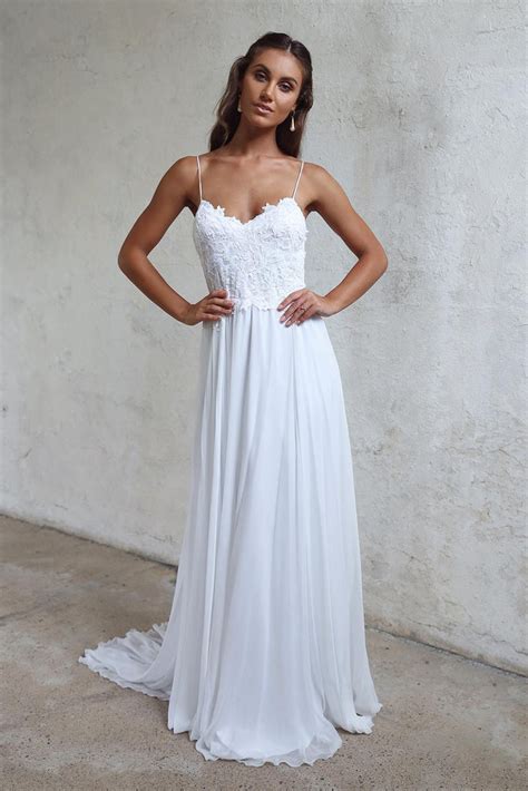 Beautiful A Line Lace Long White Spaghetti Straps Beach Wedding Dress Okdresses