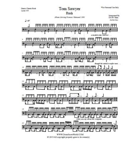 Drum Score Rush Tom Sawyer Drums Sheet Drum Sheet Music Tom Sawyer
