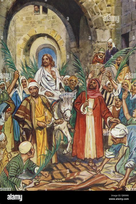 Domingo De Ramos La Entrada Triunfal De Jesús En Jerusalén Sobre Un Asno Joven Personas Que