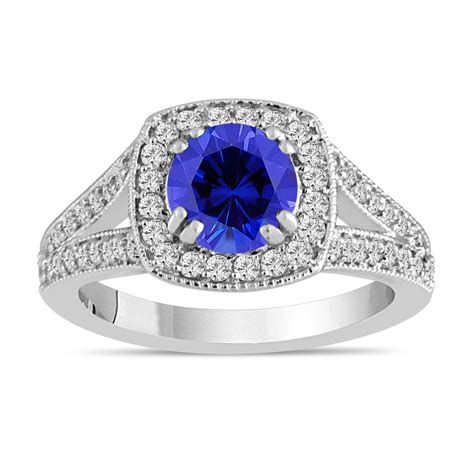 Blue Sapphire And Diamond Engagement Ring 158 Carat 14k White Gold