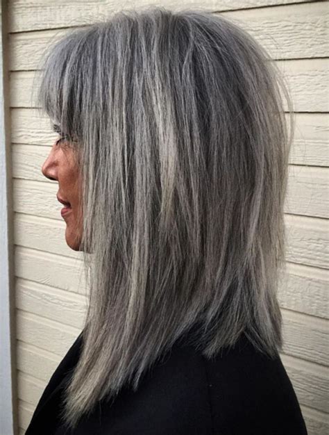 Medium Salt And Pepper Hairstyle With Bangs Grey Hair With Bangs