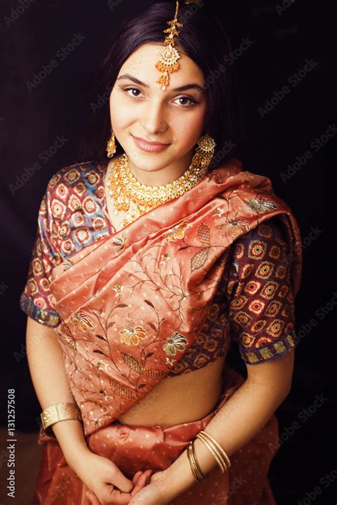 Beauty Sweet Real Indian Girl In Sari Smiling On Black Backgroun Stock Foto Adobe Stock
