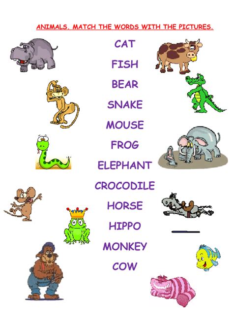 Choose a vocabulary category (or choose from all images), add your choice of up to 12, 16, or 20 words per page, enter your text for each entry, print and go! Match the Pictures of Animals with the Right Words