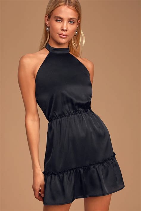 Chic Black Dress Satin Dress Halter Dress Mini Dress Lulus