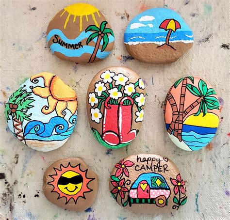 Painted Rocks Summertime Summer Vacation Beach Palm Trees Waves