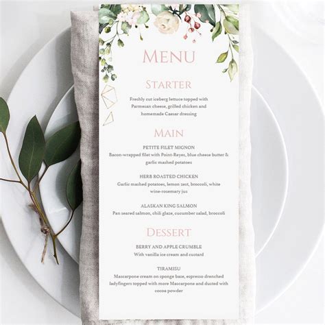 Floral Dinner Party Menu Card Editable Template Instant Download