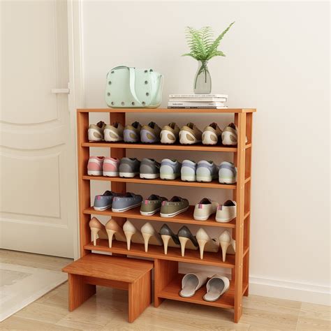 Espresso 5 Shelves Shoe Storage Rack With Chair Finish Solid Wood
