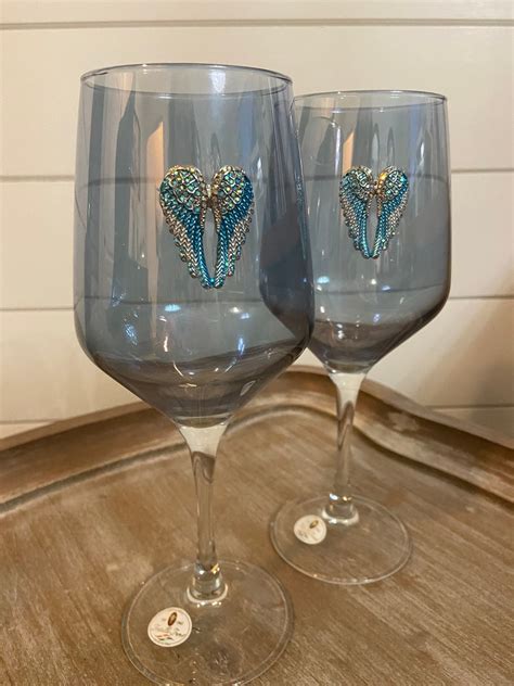 Set Of 2 Angel Wing Blue Wine Glasses Blue Rhinestone Angel Etsy