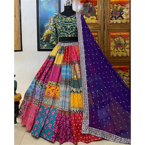multicolor cotton print and mirror work gujarati garba navratri lehenga