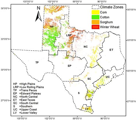 Ten Climate Zones And The Study Domain Texas Cropland Distributions