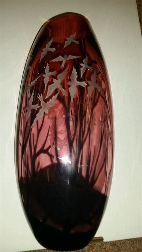 Large Kelsey Murphy Pilgrim Cameo Glass Vase Three Color Birds With Trees Signed Glass Art