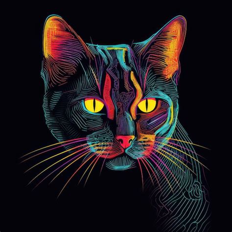 Premium Ai Image Cat Neon Drawing Bright Colors