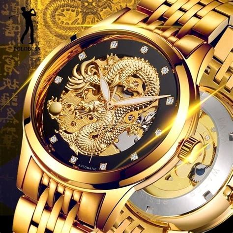 3d Carving Dragon Gold Skeleton Watch Luxury Diamond Automatic Movement