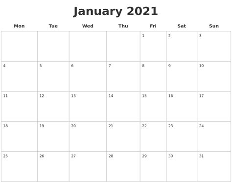 January 2021 Blank Calendar Pages