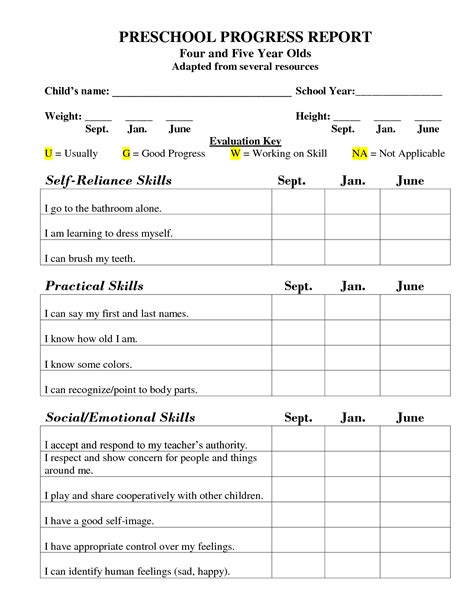 Nursery Daily Forms Preschool Progress Report Doc Progress Report