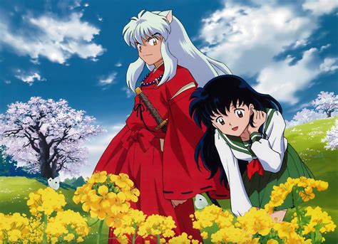 Inuyasha And Kagome By The Yellow Flowers And Cherry Blossom Trees